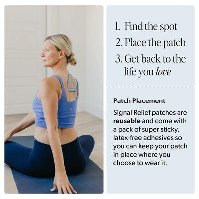 Woman doing yoga with Signal Relief patch on upper back; reusable, latex-free pain relief patch.